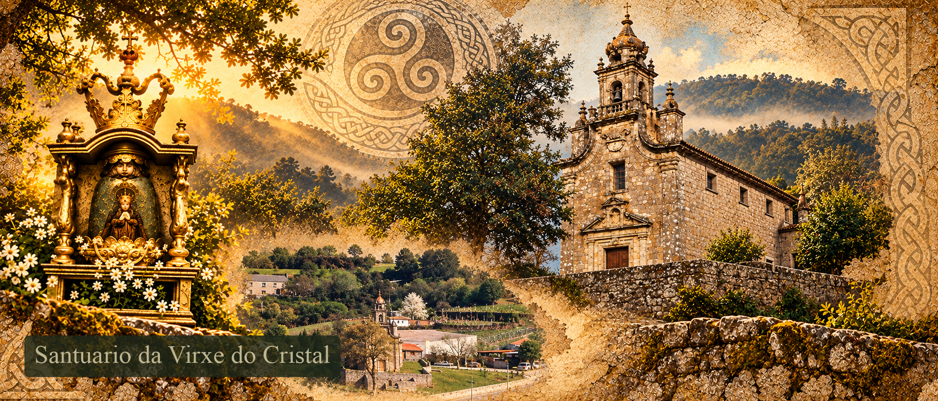 Collage ilustrado: Santuario da Virxe do Cristal